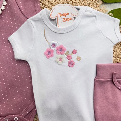 Conj. de Malha 3 peças - Galhinhos de Flores - Uva e Branco